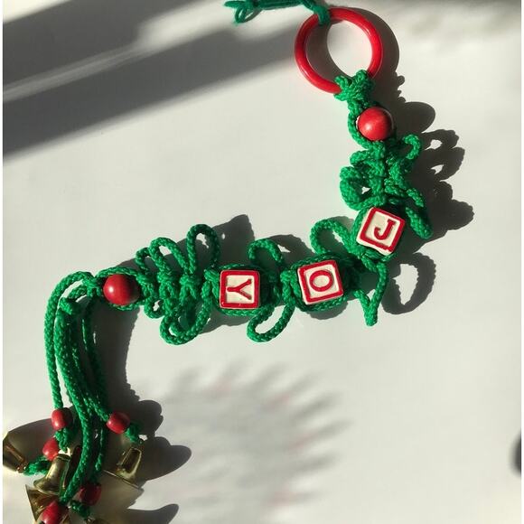 Vintage Retro Macrame JOY Christmas wall-hanging decor, green, appr. 27" - Picture 4 of 11